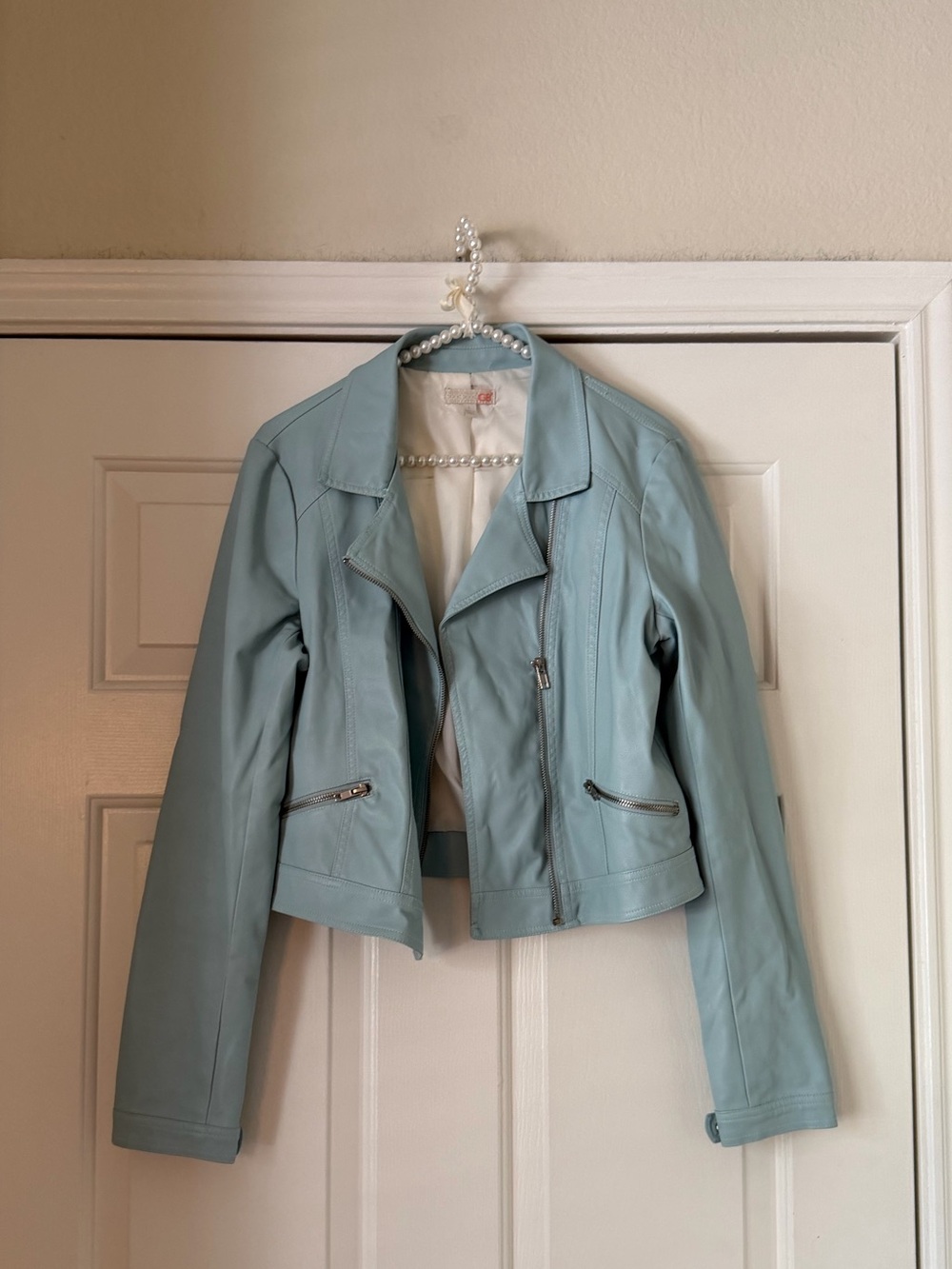 Gianni Bini Baby Blue Faux Leather Motto Jacket